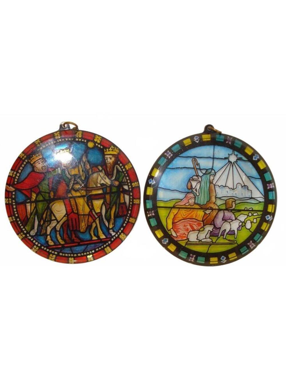 Vintage Set of 2 Religious Stained Glass Style Circular Christmas Ornaments